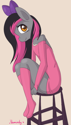 Size: 1331x2346 | Tagged: safe, artist:verminshy, oc, oc only, oc:crossie, anthro, anthro oc, bow, chair, kneesocks, solo