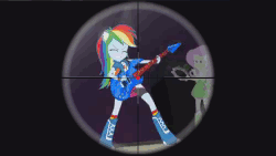 Size: 500x282 | Tagged: safe, edit, edited screencap, screencap, fluttershy, rainbow dash, sunset shimmer, equestria girls, g4, my little pony equestria girls: rainbow rocks, adventure in the comments, animated, crosshair, female, sniper, tackle