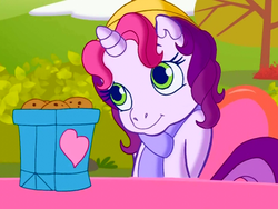 Size: 640x480 | Tagged: safe, screencap, sweetie belle (g3), pony, unicorn, g3, g3.5, twinkle wish adventure, cookie, cute, g3 diasweetes, horn, innocent