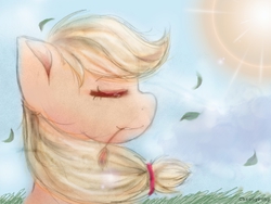 Size: 960x722 | Tagged: safe, artist:queensmil3y, applejack, g4, eyes closed, female, grass, leaves, solo, sunshine