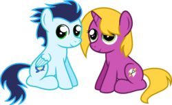 Size: 3308x2023 | Tagged: safe, artist:bryastar, soarin', oc, oc:bright star, pegasus, pony, unicorn, g4, backwards cutie mark, canon x oc, colt, duo, filly, high res, male, simple background, sitting, transparent background, vector