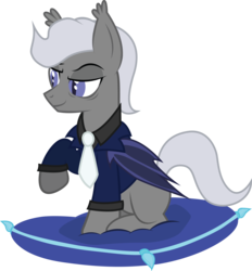 Size: 2888x3108 | Tagged: safe, artist:duskthebatpack, oc, oc only, oc:strobe light, bat pony, pony, clothes, high res, male, necktie, pillow, raised eyebrow, raised hoof, simple background, sitting, smiling, smirk, smug, solo, stallion, suit, transparent background, vector