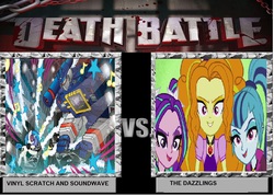 Size: 904x648 | Tagged: safe, adagio dazzle, aria blaze, dj pon-3, sonata dusk, vinyl scratch, equestria girls, g4, my little pony equestria girls: rainbow rocks, death battle, exploitable meme, meme, soundscratch, soundwave, the dazzlings, transformers