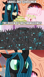 Size: 940x1622 | Tagged: safe, edited edit, queen chrysalis, oc, oc:fluffle puff, changeling, g4, comic, image macro, meme