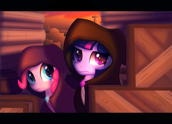 Size: 1145x824 | Tagged: safe, artist:ctb-36, pinkie pie, twilight sparkle, g4, cloak, clothes, crossover, frown, jedi, star wars, twilight sparkle is not amused, unamused