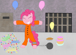 Size: 3507x2550 | Tagged: safe, artist:spellboundcanvas, pinkie pie, g4, ball and chain, balloon, cake, clothes, confetti, high res, pie, prison, prison outfit, prisoner, prisoner pp