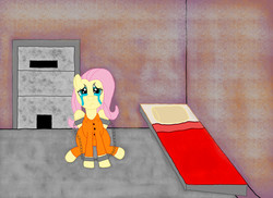 Size: 3507x2550 | Tagged: safe, artist:spellboundcanvas, fluttershy, g4, bound wings, clothes, crying, high res, prison, prison outfit, prisoner