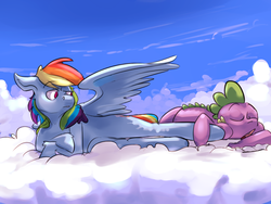 Size: 1280x960 | Tagged: safe, artist:imsokyo, rainbow dash, spike, daily sleeping spike, g4, cloud, cloudy, tumblr