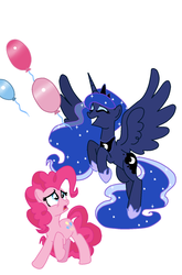 Size: 988x1500 | Tagged: safe, pinkie pie, princess luna, g4, spoiler:comic, balloon, eyes closed, flying, frown, grin, happy, open mouth, raised hoof, simple background, smiling, spread wings, vector, white background