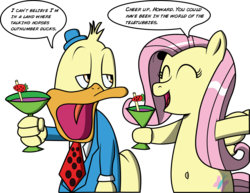 Size: 3280x2533 | Tagged: safe, artist:saburodaimando, fluttershy, pony, g4, belly button, bipedal, crossover, depressed, drink, happy, high res, howard the duck, marvel, marvel comics, punch (drink), punch bowl