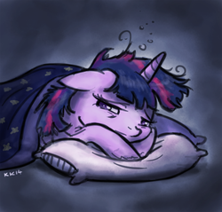 Size: 800x765 | Tagged: safe, artist:king-kakapo, twilight sparkle, ambiguous race, pony, g4, blanket, female, floppy ears, frown, looking at you, messy mane, pillow, prone, sad, sick, solo
