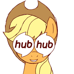 Size: 1000x1000 | Tagged: safe, artist:coma392, applejack, g4, censored, female, grin, hub logo, pixiv, smiling, solo, sponsors