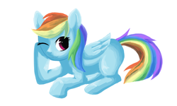 Size: 1000x600 | Tagged: safe, artist:coma392, rainbow dash, g4, female, lying down, pixiv, solo, wink