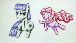 Size: 1000x562 | Tagged: safe, artist:coma392, maud pie, pinkie pie, g4, female, pixiv, solo, traditional art, wrong cutie mark, younger