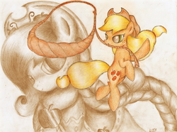 Size: 2145x1593 | Tagged: dead source, safe, artist:nika191319, applejack, g4, female, lasso, mouth hold, solo, traditional art