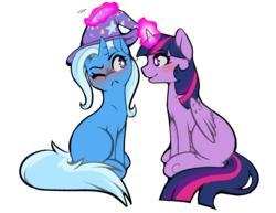 Size: 1302x1003 | Tagged: safe, artist:catitty, trixie, twilight sparkle, alicorn, pony, g4, :<, blank flank, blushing, cute, duo, female, lesbian, magic, mare, ship:twixie, shipping, simple background, sitting, smiling, telekinesis, transparent background, twilight sparkle (alicorn), vector, wink