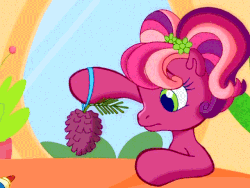 Size: 640x480 | Tagged: safe, screencap, cheerilee (g3), earth pony, pony, g3, g3.5, twinkle wish adventure, animated, blinking, female, looking at something, mare, pigtails, pinecone, sad