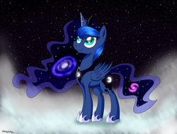 Size: 1975x1497 | Tagged: safe, artist:notenoughapples, princess luna, g4, cloud, cloudy, female, galaxy mane, smiling, solo, stars