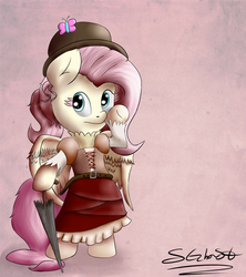 Size: 1200x1350 | Tagged: safe, artist:schizophrenicghost, fluttershy, pony, g4, bipedal, clothes, female, solo, steampunk