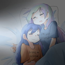 Size: 800x800 | Tagged: safe, artist:gyaheung, princess celestia, princess luna, human, g4, bed, blame my sister, blushing, clothes, duo, eyes closed, humanized, i'm with stupid, open mouth, shirt, sleeping, smiling, text on clothing, text on shirt