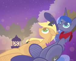 Size: 2500x2000 | Tagged: dead source, safe, artist:b-epon, applejack, princess luna, alicorn, earth pony, pony, g4, :o, accessory swap, cute, duo, female, high res, jackabetes, looking up, lunabetes, mare, night, on back, on side, open mouth, pointing, smiling, stargazing