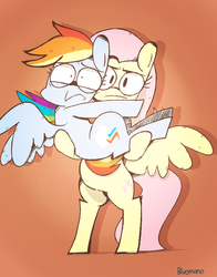 Size: 980x1250 | Tagged: safe, artist:gmrqor, fluttershy, rainbow dash, g4, bridal carry, role reversal, simple background