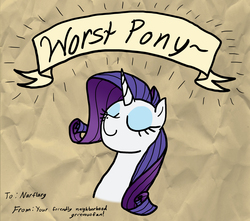 Size: 2208x1949 | Tagged: safe, artist:grievousfan, rarity, pony, unicorn, g4, eyes closed, female, horn, inside joke, mare, mouthpiece, old banner, solo, worst pony