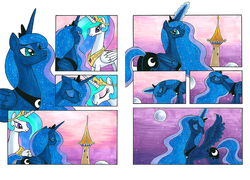 Size: 1200x862 | Tagged: safe, artist:clawdore, princess celestia, princess luna, g4, canterlot castle, comic, eyes closed, female, floppy ears, frown, horn, horns are touching, magic, moon, moon work, sad, smiling, traditional art