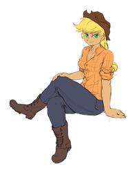 Size: 1280x1719 | Tagged: safe, artist:audrarius, applejack, human, g4, crossed legs, female, humanized, solo