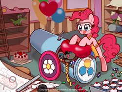 Size: 700x525 | Tagged: dead source, safe, artist:bartolomeus_, gummy, pinkie pie, smarty pants, alligator, earth pony, pony, g4, balloon, blueprint, cake, candy, cupcake, feather, feather pen, female, flour sack, food, goggles, heart balloon, partillery, party cannon, pixiv, rock, safety goggles, solo, strawberry cake, working