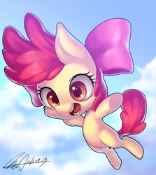 Size: 3201x3586 | Tagged: dead source, safe, artist:jggjqm522, apple bloom, earth pony, pony, g4, bow, falling, female, filly, hair bow, high res, solo