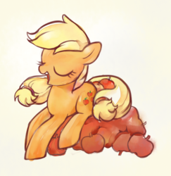 Size: 1024x1054 | Tagged: safe, artist:uher0, applejack, earth pony, pony, g4, apple, cute, eyes closed, female, gray background, hatless, jackabetes, lying down, mare, missing accessory, open mouth, prone, simple background, solo, that pony sure does love apples