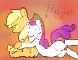 Size: 1250x960 | Tagged: safe, artist:gmrqor, applejack, rarity, g4, accessory swap, cuddling, cute, female, hug, hug from behind, lesbian, ship:rarijack, shipping, snuggling