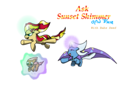 Size: 1050x800 | Tagged: safe, artist:turkleson, babs seed, sunset shimmer, trixie, pony, unicorn, g4, flying, magic, simple background, sunset-answers, transparent background