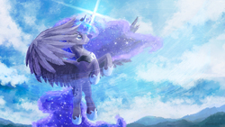 Size: 1600x900 | Tagged: safe, artist:cannibalus, princess luna, g4, female, flying, majestic, solo, spread wings