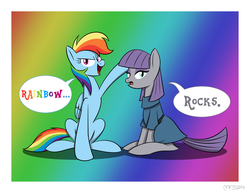 Size: 3300x2550 | Tagged: safe, artist:mofetafrombrooklyn, maud pie, rainbow dash, equestria girls, g4, my little pony equestria girls: rainbow rocks, dialogue, gradient background, high res, pun