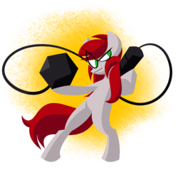 Size: 799x774 | Tagged: safe, artist:frostedwarlock, earth pony, pony, comic:friendship is dragons, bipedal, comic, d20, eye clipping through hair, female, flail, hoof hold, lauren faust, mare, ponified, simple background, transparent background