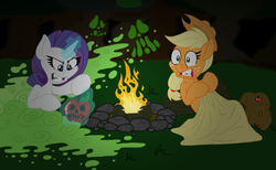 Size: 894x549 | Tagged: safe, artist:anime-apothecary, artist:dfectivedvice, applejack, rarity, g4, campfire, colored