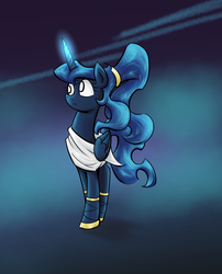 Size: 1000x1240 | Tagged: safe, artist:lovelyneckbeard, princess luna, g4, clothes, cute, female, glowing horn, greek, greek clothes, greek mythology, hercules, horn, lunabetes, megara, ponytail, solo