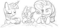 Size: 910x437 | Tagged: safe, artist:mcsadat, rarity, sweetie belle, twilight sparkle, alicorn, pony, g4, drinking, eating, female, grayscale, mare, monochrome, twilight sparkle (alicorn)