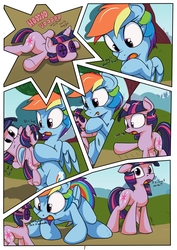 Size: 2480x3507 | Tagged: safe, artist:mistydash, rainbow dash, twilight sparkle, pegasus, pony, unicorn, g4, belly button, body control, comic, female, high res, plushie, voodoo doll