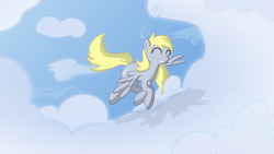 Size: 2500x1408 | Tagged: safe, artist:the-croolik, derpy hooves, pegasus, pony, g4, cloud, cloudy, eyes closed, female, flying, happy, mare, shadow, sky, smiling