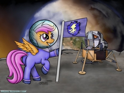 Size: 1600x1200 | Tagged: safe, artist:mikewee, scootaloo, g4, astronaut, female, flag, logo, lunar module, moon, solo, spacesuit