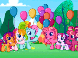 Size: 640x480 | Tagged: safe, screencap, cheerilee (g3), pinkie pie (g3), rainbow dash (g3), scootaloo (g3), sweetie belle (g3), toola-roola, earth pony, pony, unicorn, g3, g3.5, animated, animation error, balloon, dexterous hooves, extra legs, female, filly, foal, hoof hold, intro, mare