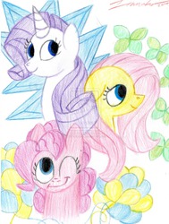 Size: 1024x1351 | Tagged: safe, artist:jspatronus, fluttershy, pinkie pie, rarity, g4, traditional art