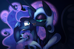 Size: 1200x800 | Tagged: safe, artist:maren, nightmare moon, princess luna, alicorn, pony, g4, bedroom eyes, crying, duality, duo, female, gritted teeth, holding, inspired, mare, open mouth, scared, smiling, wide eyes