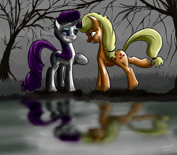 Size: 1000x875 | Tagged: safe, artist:darkcord, applejack, rarity, g4, bedroom eyes, dirty, eye contact, female, grin, hatless, lesbian, missing accessory, mud, raised leg, reflection, ship:rarijack, shipping, smiling, water