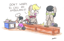 Size: 2219x1422 | Tagged: safe, artist:bobthedalek, octavia melody, oc, oc:mixed melody, oc:octavia's father, oc:octavia's mother, oc:ostinato melody, earth pony, pony, g4, baked bads, bow, bowtie, chef's hat, clothes, cooking, dress, filly, foal, green face, hair bow, hat, mouth hold, nausea, oven, pan, phone, spatula, table, younger