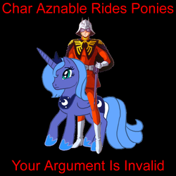 Size: 750x750 | Tagged: safe, princess luna, human, g4, char aznable, crossover, frown, gundam, helmet, mask, mobile suit gundam, riding, s1 luna, your argument is invalid, zeon