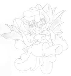 Size: 1559x1666 | Tagged: safe, artist:blackbewhite2k7, apple bloom, earth pony, pony, g4, barbara gordon, batfilly, batgirl, commission, crossover, female, monochrome, sketch, solo